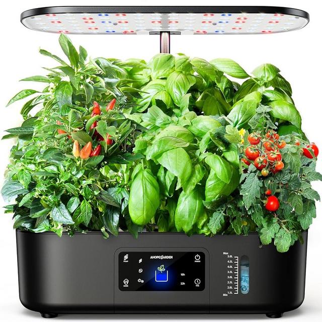 Ahopegarden Hydroponics Growing System Kit Indoor Herb Garden with Grow Light 12 Pods, with LCD Touch Panel Hydroponic Planter, Planting Height Up to 17", Grower Harvest Fresh Veggie Lettuce, Black