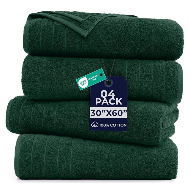 DAN RIVER Extra Large Bath Towels Set of 4, 30 x 60 Inches - 100% Cotton Larger & Lighter Weight Towels for Bathroom - Quicker to Dry, Super Soft & Highly Absorbent Towels for Home, Hunter Green