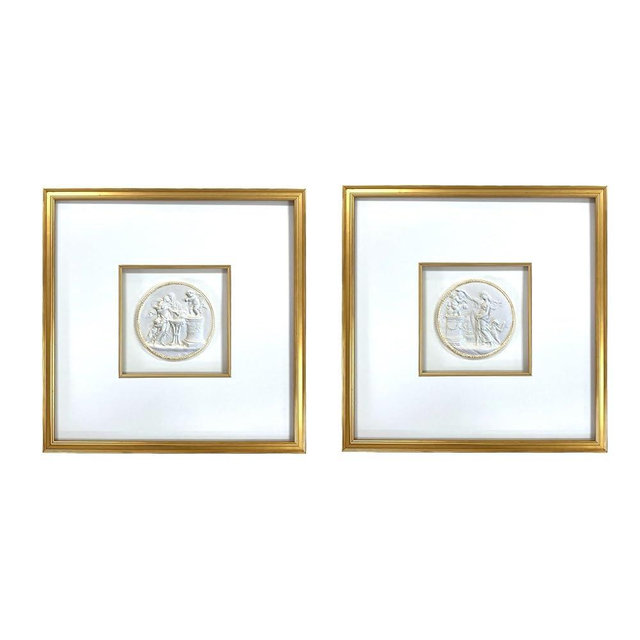 16x16 Gold Framed Intaglio depicting lovers 5-3/8 inches, Aged with Gold Leaf Edges (Set of 2)