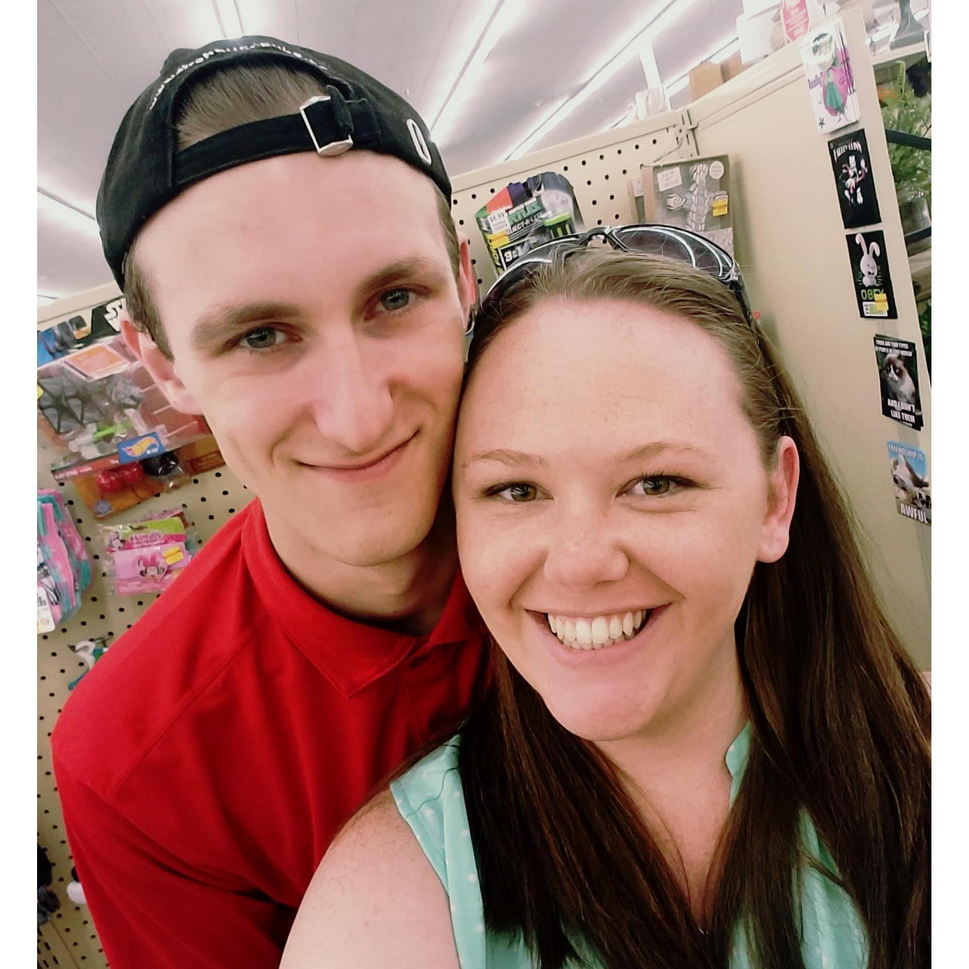 Our first picture. We took this right in front of the wedding display at hobby lobby.