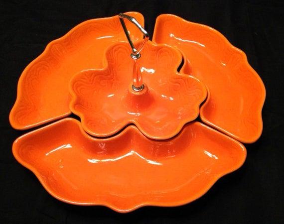Relish Tray, Ceramic Snack Tray, Orange Tray, California Originals, California Pottery, Chip and Dip Set, Mad Men Decor, Mid Century Tray