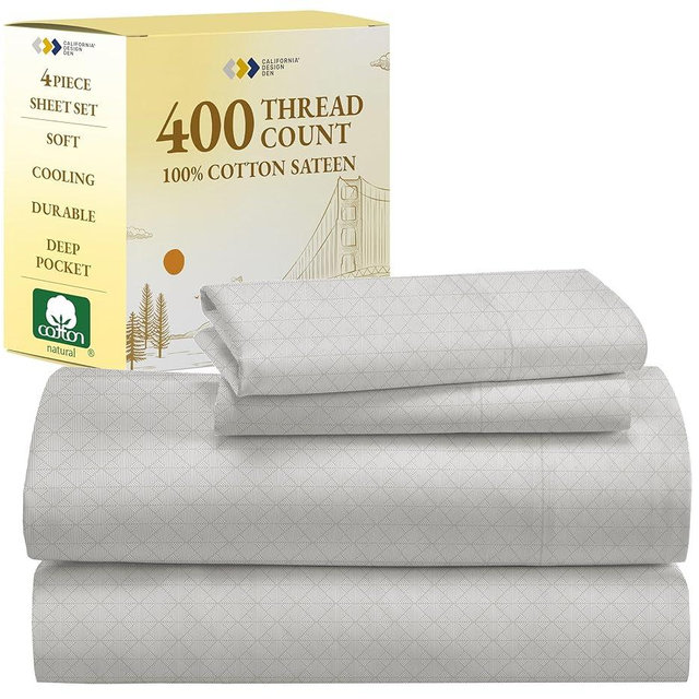 California Design Den 100% Cotton King Bed Sheet Set - 400 Thread Count Deep Pocket King Size Sheets & Pillowcase Set (Taupish-Sage Crosshatch)