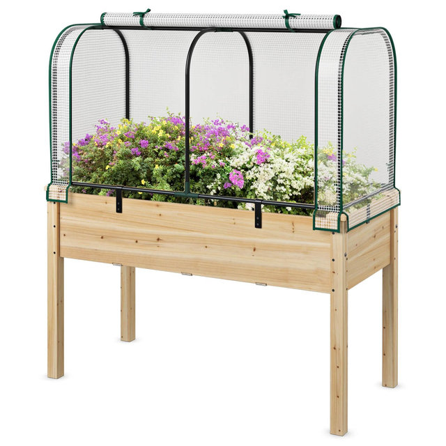 Costway Wood Raised Garden Bed with Greenhouse Cover Mini Portable Greenhouse Kit White+Beige