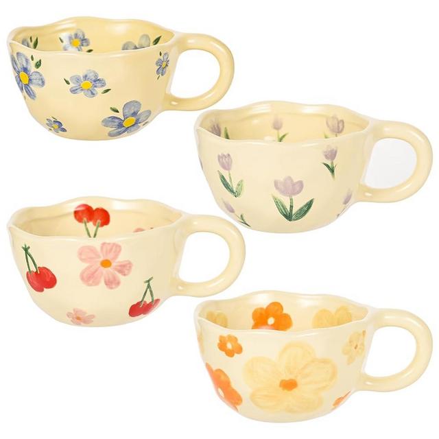 Ceramic Mug Coffee Cup Set of 4 10 oz Irregular Office Flower Mugs with Handles Cute and Fun Porcelain Soup Mug Gift for Women Suitable As Latte Cappuccino Cocoa - Microwave and Dishwasher Available