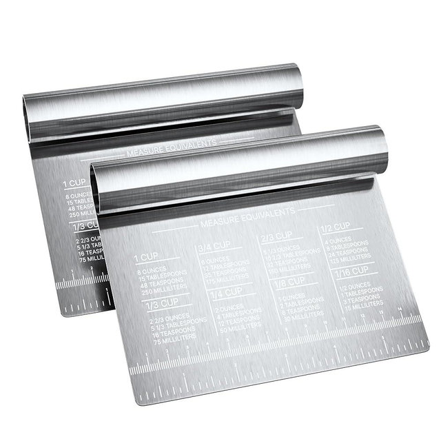 Bench Scraper for Baking, Food Scraper Stainless Steel Blade Dough Cutter with Engraved Measuring Guide & Equivalent Chart, Scraper Tool kitchen Use for Scrapping, Cutting, Chopping, 2 Pack -by RamPro