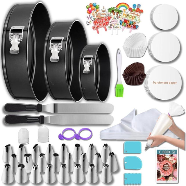 Easynzery 168pcs Cake Pan Sets for Baking + Cake Decorating Supplies: 3 Non-Stick Springform Pans Set (6, 8, 10 inches), Icing Tips – Multi-functional Leak-Proof CheeseCake Pan