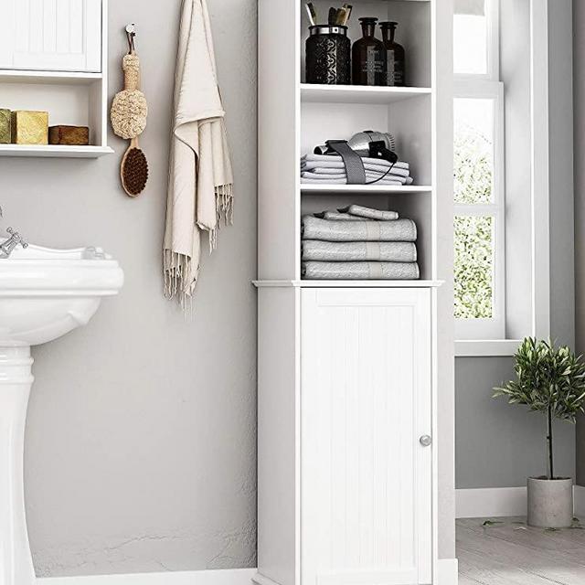 Spirich Home Freestanding Storage Cabinet with Three Tier Shelves, Tall Slim Cabinet, Free Standing Linen Tower, White Finish