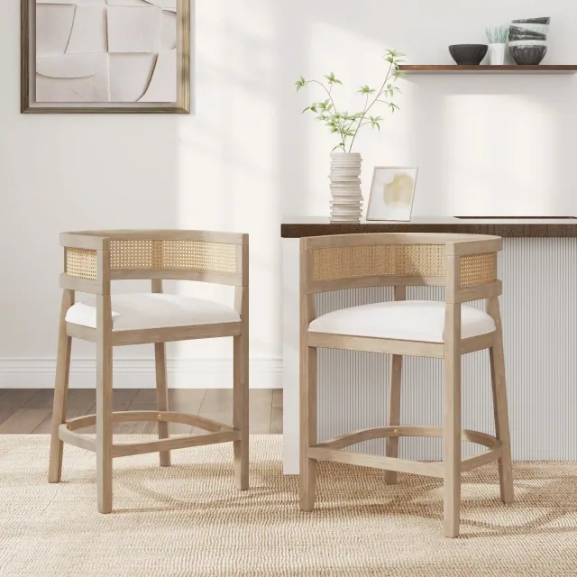Christopher Knight Home Marni Contemporary Rubberwood Upholstered Counter Stools with Curved Rattan Back , Natural Ash