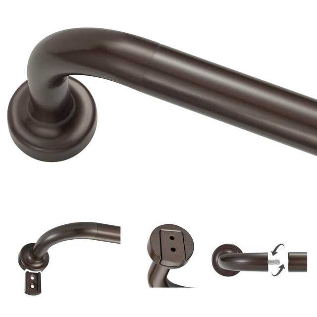 Dark Bronze Curtain Rods for Windows 66 to 120",1 Inch Disc Wrap Around Curtain Rod with Aluminum Finials and Brackets,No Screw Disassembly Adjustable Blackout Curved Room Darkening Curtain Rod