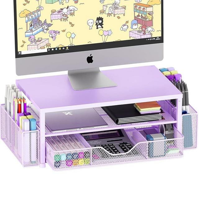OPNICE Desk Organizers and Accessories, 2-Tier Computer Monitor Stand Riser with Drawer and 2 Pen Holders, Laptop Stand, Office Desk Accessories for Office Supplies, Purple