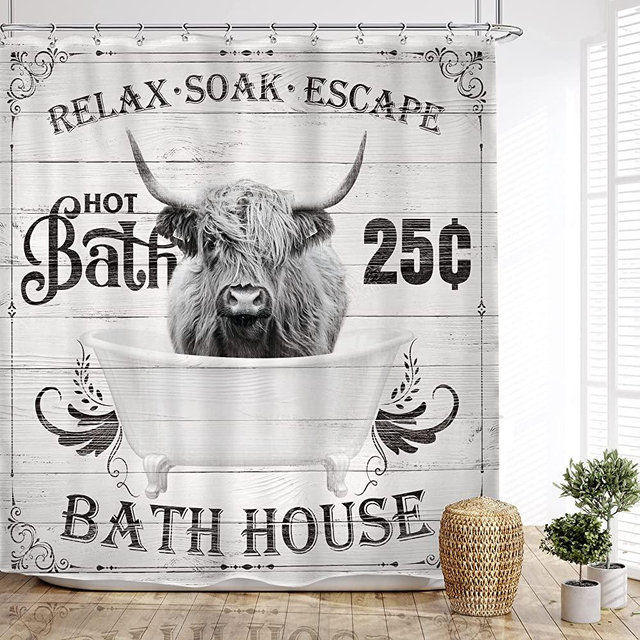 Glawry Funny Highland Cow Shower Curtain Bull Farmhouse Western Cattle in Bathtub Bath Rustic Farm Wildlife Animal Barn Hilarious Wood Cute 72Wx72L Inch Bath Accessorie Home Decor Fabric 12 Pack Hook