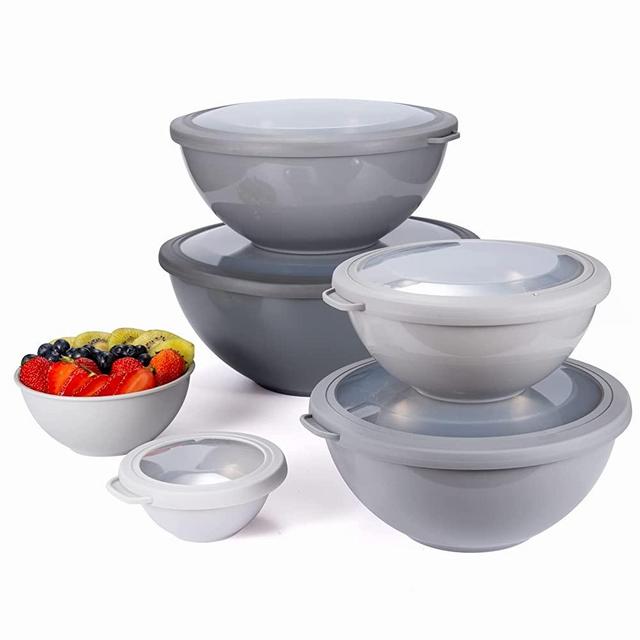 COOK WITH COLOR Mixing Bowls with TPR Lids - 12 Piece Plastic Nesting Bowls Set includes 6 Prep Bowls and 6 Lids, Microwave Safe Mixing Bowl Set (Grey)