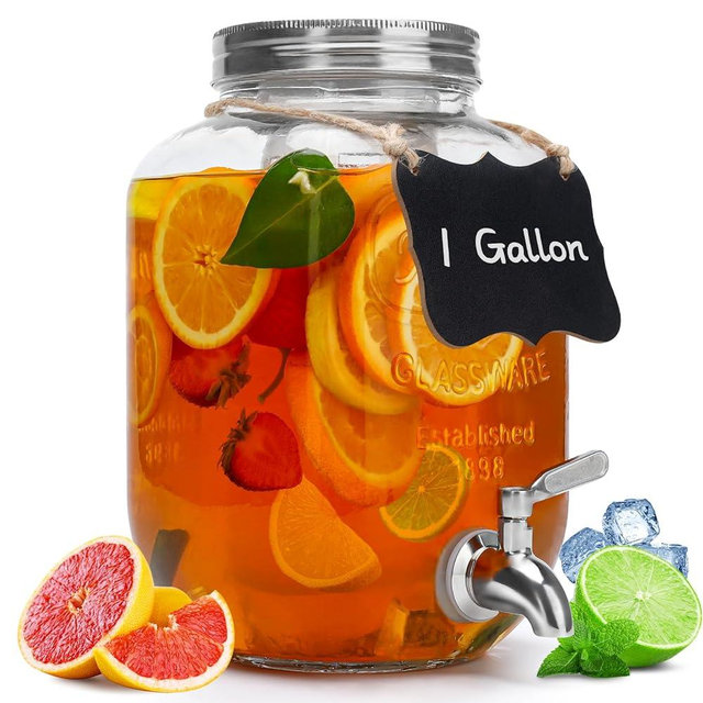 1 Gallon Glass Beverage Dispenser with Lid, Stainless Steel Spigot, Glass Drink Dispensers for Parties, Lemonade Dispenser With Ice Cylinder for Weddings, Party,Sun Tea Jar, Water Juice Dispensers