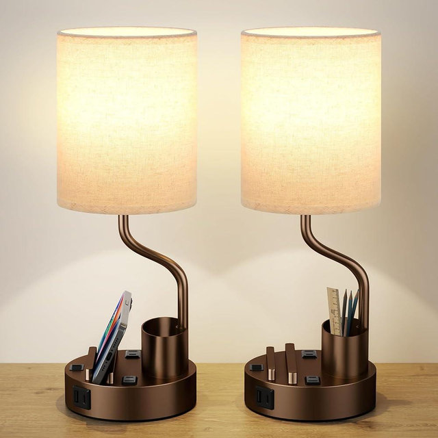 Bedside Table Lamps for Bedroom Set of 2 - Beige Nightstand Lamp with AC Outlet Charging Port and USB A C, 3 Color Temperatures, Included Phone & Pen Holder, Brown Night Stand Lamps for Guest Room
