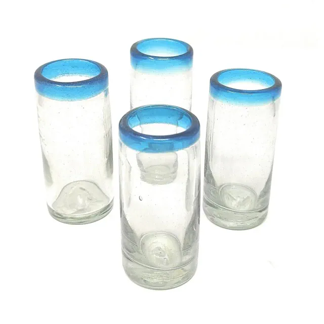 Dos Sueños Mexican Hand Blown Tequila Shot Glasses - Aqua Rim - 2oz - Set of 4