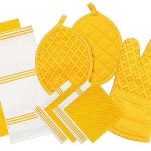 Sticky Toffee Silicone Printed Oven Mitt & Pot Holder, Cotton Terry Kitchen Dish Towel & Dishcloth, Yellow, 9 Piece Set