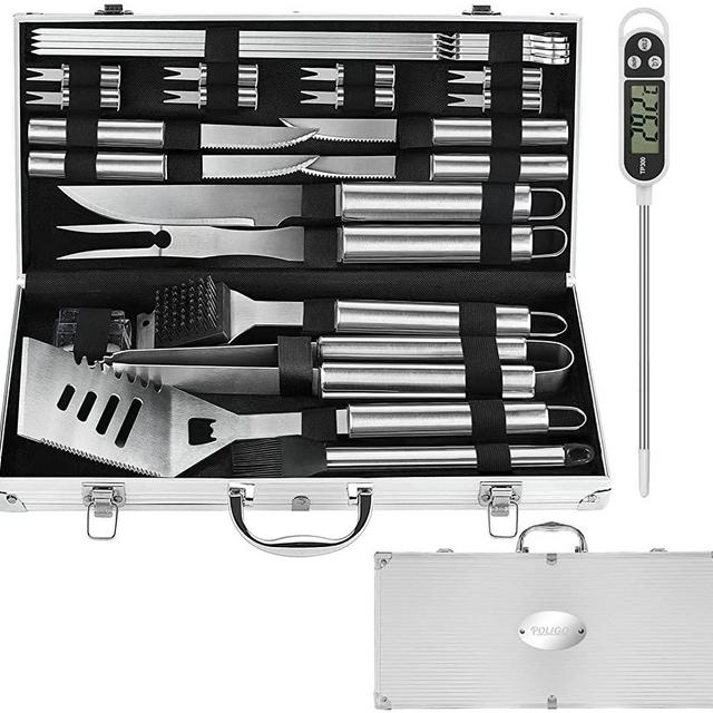 POLIGO BBQ Grill Tools Set,25Pcs Stainless Steel Grill Accessories with Case, Spatula, Tongs and Fork for Dad Gifts,Professional BBQ Tools for Men Outdoor Camping&Backyard.