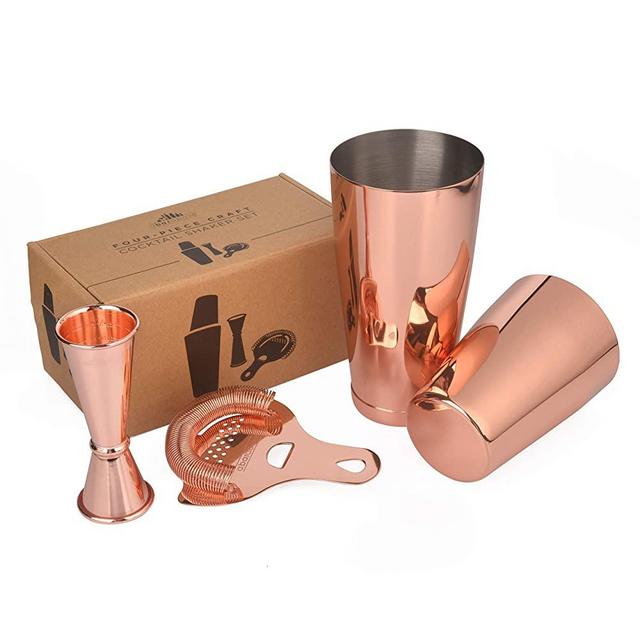 Copper Boston Shaker Set: Professional two-piece Cocktail Shaker set with Hawthorne Strainer and Japanese Jigger - Copper Finish