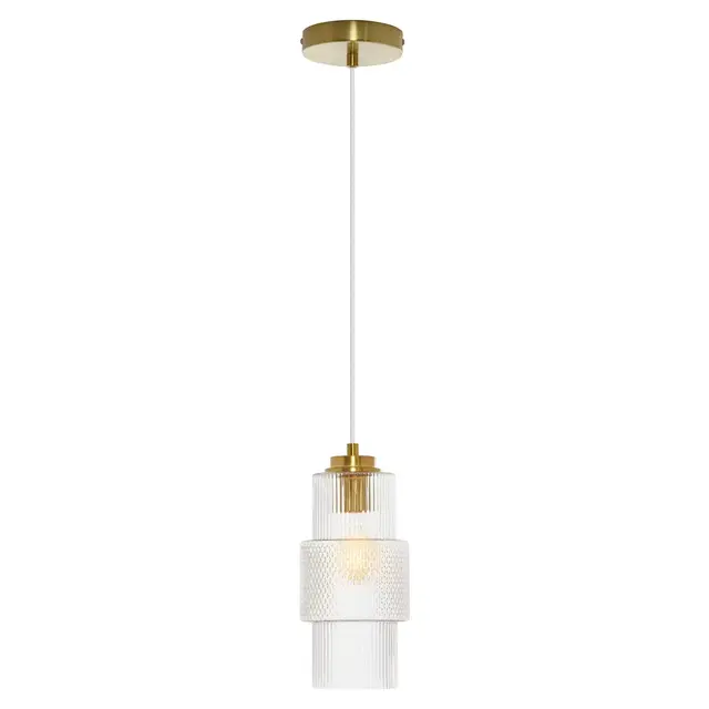 9.75" Noah Pillar Shade Pendant Light Clear - River of Goods: Brushed Gold-Finish, Retro Style, Adjustable Height