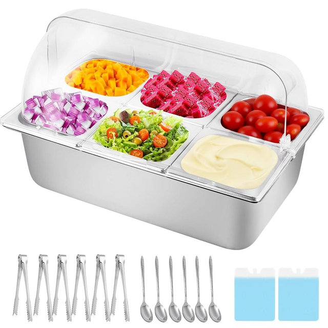 YMJOINMX Cold Food Buffet Server 9.6Qt (6 Pans×1.6Qt) with Ice Packs for Salad Pizza Sauce Colded Serving Trays Condiments Containers for Parties Buffet