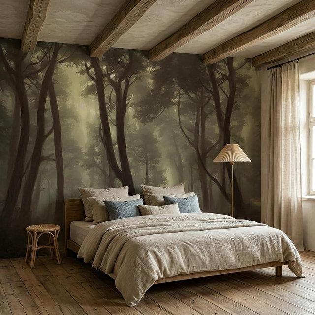 Muartomel Misty Forest Mural Wallpaper Peel and Stick,Large Wall Murals Wall Paintings Art Deco for Bedroom Livingroom Thick Canvas Waterproof(B5,157 * 110inch)
