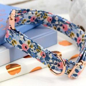 Dog Collar - Les Fleurs Rosa - Periwinkle/Coral Floral Print - Fabric Collar - Cotton + Steel Rifle Paper Company - Rose Gold Metal Hardware