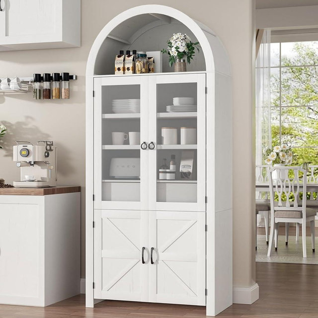 71" Tall Arched Kitchen Pantry Cabinet, Tall Storage Cabinet with Tempered Glass Doors and Adjustable Shelves, Versatile Pantry Cabinets for Kitchen Storage, Dining Room, Living Room, Bathroom, White