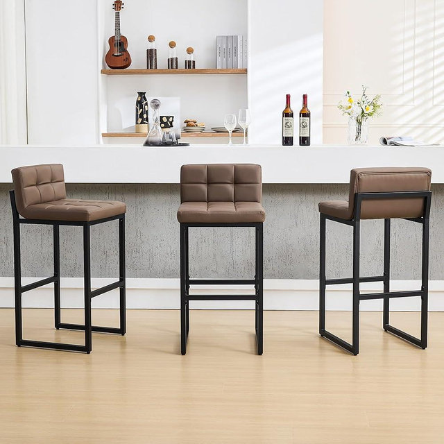 FIRAVOE Set of 3 Bar Stools with Back, Modern Bar Height Barstools with Thickened Metal Legs, 30" Faux Leather Counter Chairs for Kitchen Island, Bar, Counter (Coffee Brown, 3Pcs 30" Bar Stools)
