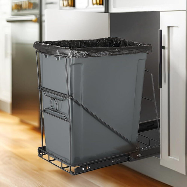 pbugac Stainless Steel Kitchen Adjustable Trash Can Holder, Heavy Duty Cabinet Pull Out Kit, Fit 7-11 Gallon Trash Can, Black(Trash Can Not Included)