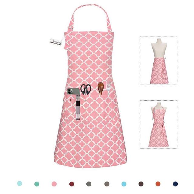 LessMo Kitchen Cooking Aprons with 3 Pockets for Men Women - Cotton Adjustable Professional Grade Chef Apron for Kitchen, BBQ & Grill (Pink)