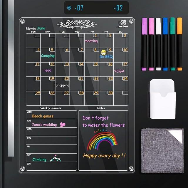 Magnetic Acrylic Calendar for Fridge, ARCOBIS 12" x 16" Clear Monthly and Weekly Calendar with 6 Markers, 1 Pen Holder, Reusable Dry Erase Menu Board for Kitchen, Meal Planner Fridge Whiteboard