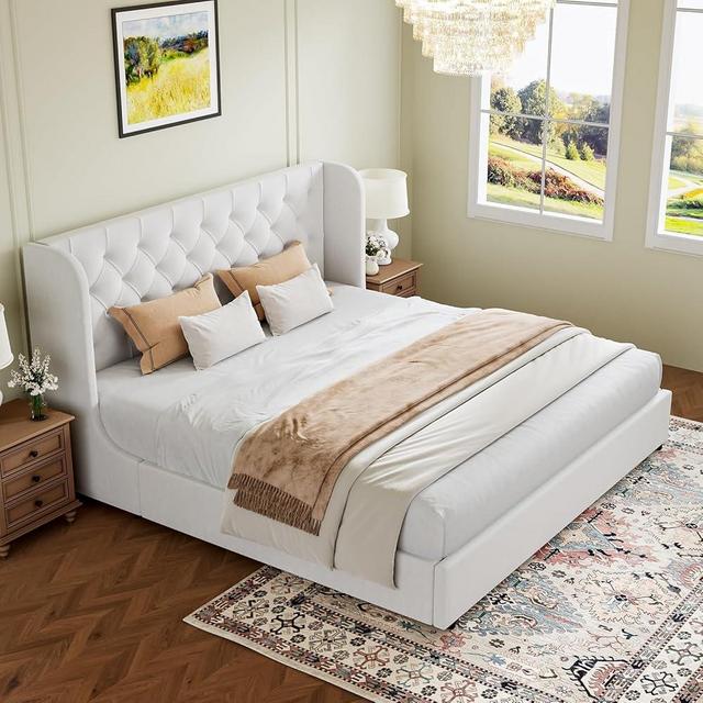 HOMBCK King Size Bed Frame and Headboard, White Velvet Upholstered Bed Frame with Wide Wingback, Tufted Design, Sturdy Wooden Slats Support, No Box Spring Required, Easy Assembly, White