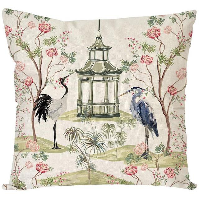 PANDICORN Chinoiserie Throw Pillow Covers 18x18 Inch Pagoda Crane Pink Green Vintage Outdoor Grandmillennial Decorations Decorative Throw Pillows Cases for Home Living Room Couch Decor