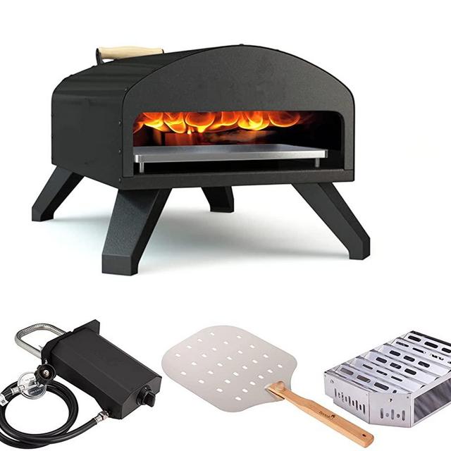 Bertello Outdoor Pizza Oven Bundle - Bertello Oven, Gas+Wood Tray Burner, Pizza Peel, Pizza Stone