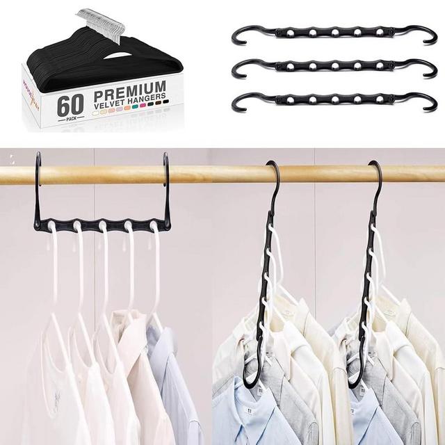 HOUSE DAY Black Velvet Hangers 60 Pack, Premium Clothes Non-Slip Felt Hangers, Black Magic Space Saving Hangers, Premium Smart Hanger Hooks, Sturdy Cascading Hangers with 5 Holes