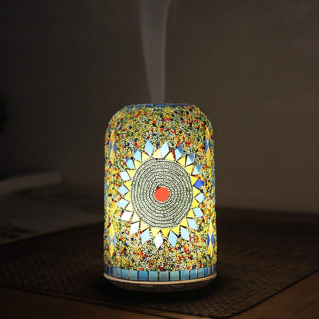 Vyaime Essential Oil Diffuser Handmade Glass Sunflower Mosaic Decor, Magic 7 Color LED Lights Ultrasonic Aromatherapy Auto Shut-off with Intermittent Mode Humidifier for Office Home(S1)