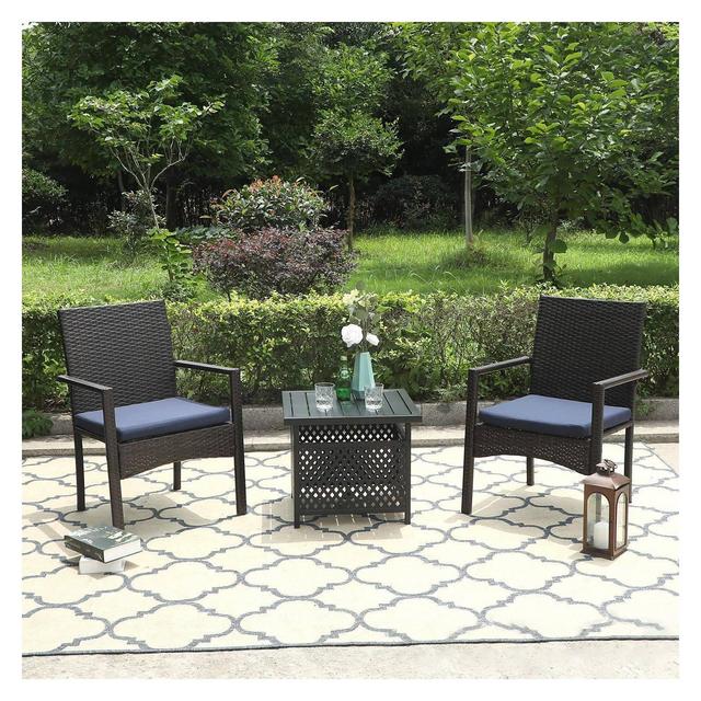 3pc Patio Dining Set with 22" Square Metal Table with Umbrella Hole & 2 Rattan Chairs - Black - Captiva Designs