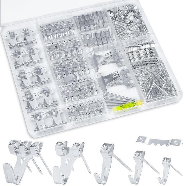 KURUI Picture Hanging Kit for Wall Decor, Frame, Painting, Art, Photo, 385Pcs Picture Hangers with Heavy Duty Hooks, Sawtooth, Hardware Nails, Wall Hangers for Bedroom Office Classroom (Silver)
