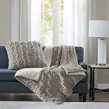 Madison Park Ruched Fur Luxury Throw Grey 50*60    Premium Soft Cozy Brushed Long Fur For Bed, Coach or Sofa