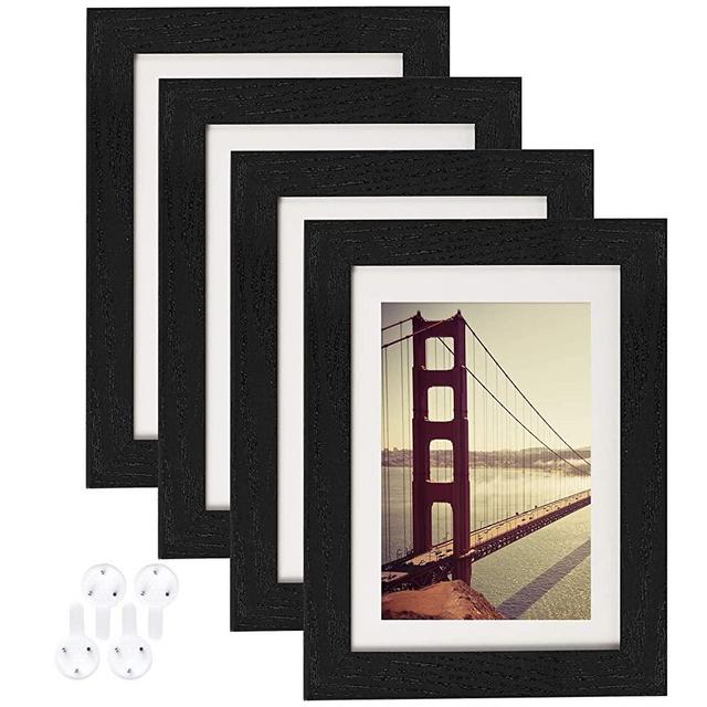 BAIJIALI 5x7 Picture Frame Black Wood Pattern Set of 4 with Tempered Glass,Display Pictures 4x6 with Mat or 5x7 Without Mat, Horizontal and Vertical Formats for Wall and Table Mounting