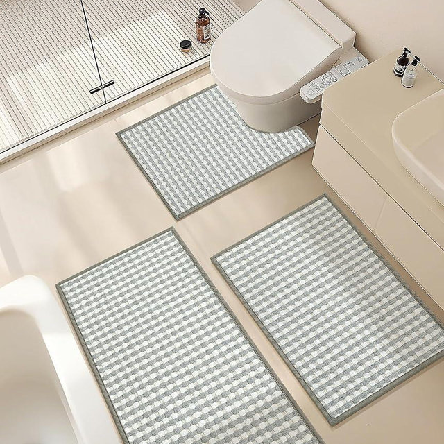 YIHOUSE Light Grey Bathroom Rugs Set 3 Pieces, Gray Checkered Absorbent Bath Mat Sets Quick Dry, Woven Soft Bath Rugs Non Slip, Thin Washable Rugs for Bathroom
