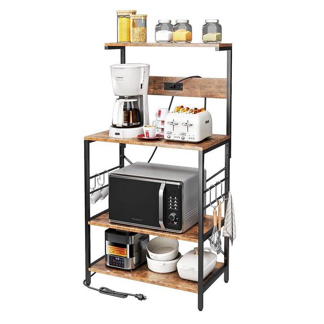 TC-HOMENY Bakers Rack with Power Outlet, 3 Tiers Kitchen Storage Shelf with 5 S-Shaped Hooks, Kitchen Microwave Stand, Coffee Station Utility Storage Shelf for Kitchen