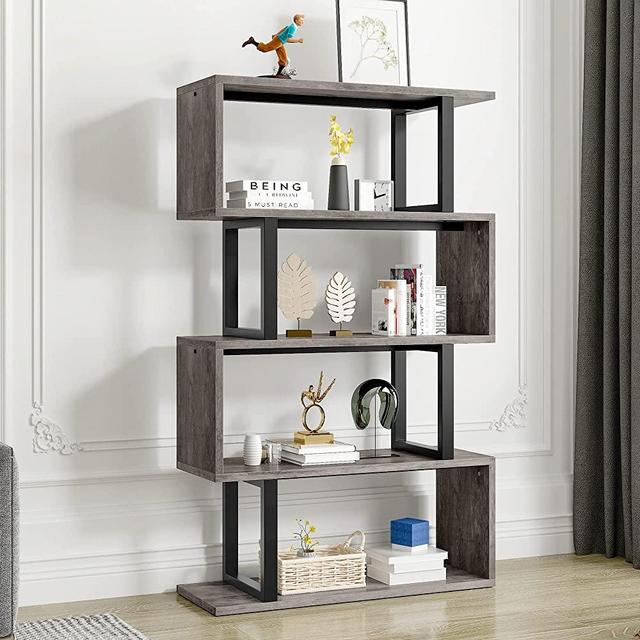 YITAHOME 5-Tier Bookshelf, S-Shaped Z-Shelf Bookshelves and Bookcase, Industrial Freestanding Multifunctional Decorative Storage Shelving for Living Room Home Office, Gray + Black