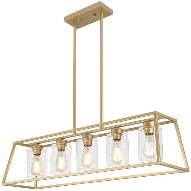 Senyshilon 5-Light Gold Chandeliers for Dining Room | Modern Kitchen Island Light Fixture | Rectangle Chandelier for with Clear Glass Shade | Apply to Dining Room Light fixtures Over Table