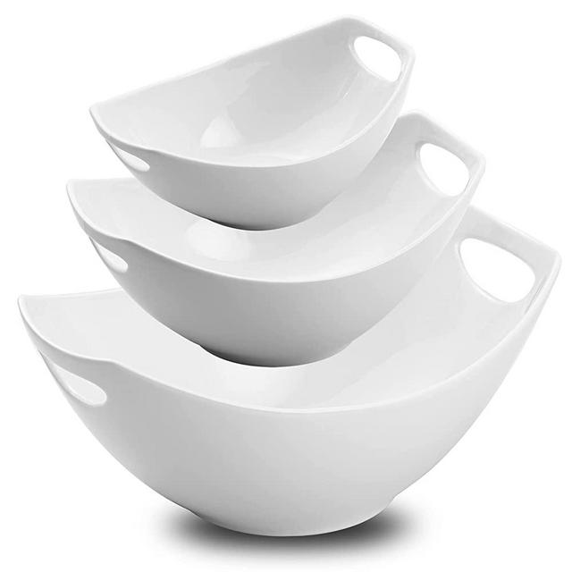 Gomakren Porcelain Serving Bowl Set with Handles Set of 3, Dishes Mixing Bowl Set for Entertaining, Nesting Dishes Bowl Set, Dishwasher and Oven Safe, White