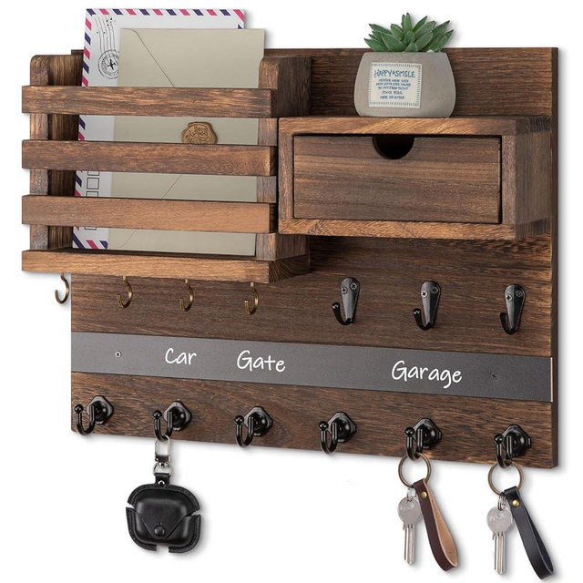 Nekon Key Holder Wall Mount, Rustic Mail and Keys Shelf for Wall Organization with 13 Hooks, Home Decor Accessory with Drawer, Brown