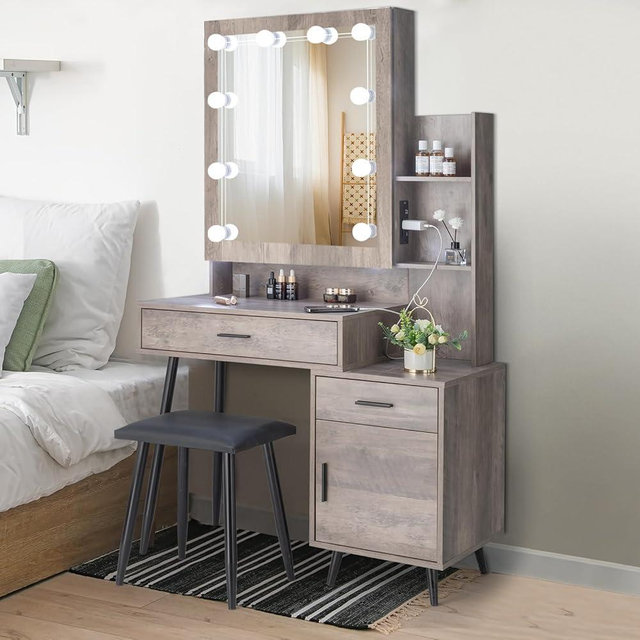 Karl home Vanity Table with Lighted Sliding Mirror Modern Makeup Table with Charging Station, 2 Drawers, Storage Shelves, Cushioned Stool, Dressing Table Set for Women, Gray