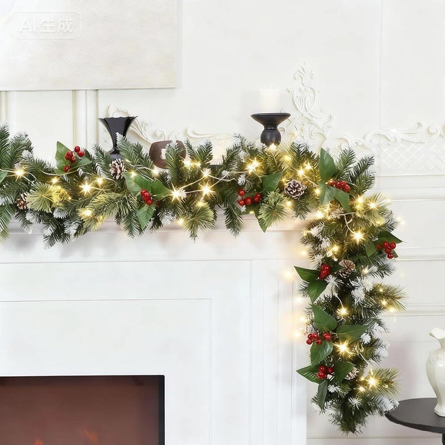 HipTree 9ft Christmas Garland with Lights,Lighted Artificial Flowering Pine Garland for Mantle,Prelit Faux Green Christmas Winter Garland with Pine Cones and Red Berry for Indoor Outdoor Decor