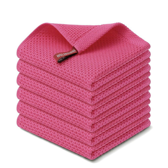 Kitinjoy 100% Cotton Kitchen Dish Cloths, 6 Pack Waffle Weave Ultra Soft Absorbent Dish Towels for Drying Dishes Quick Drying Kitchen Towels Dish Rags, 12 X 12 Inches, Hot Pink