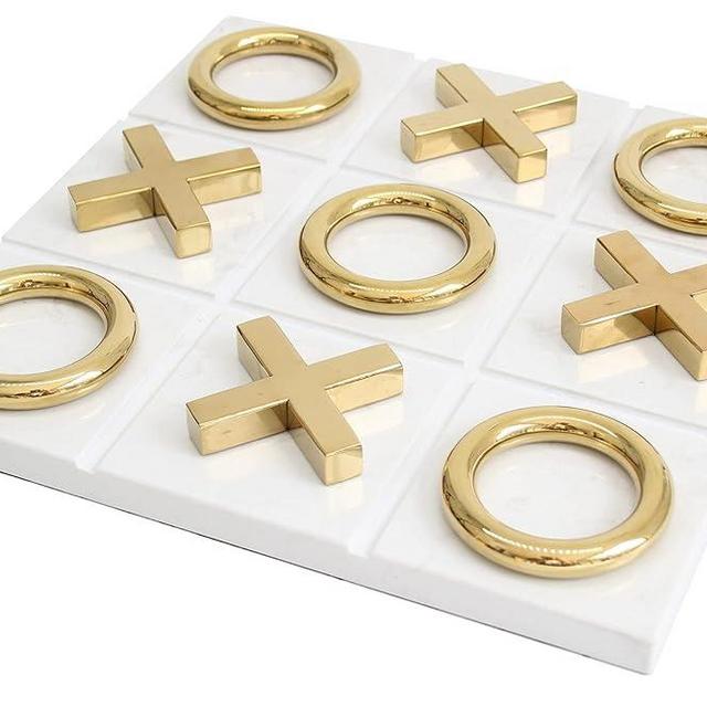 Marble Tic Tac Toe Game for Living Room Decor Centerpiece White and Gold XO with White Marble and Gold Color Stainless Steel Decorative Table Top X/O Board Coffee Table Décor
